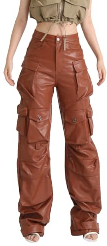 TACSTRUN Femmes Faux Cuir Cargo Pantalon Haute Taille Baggy Splicing PU Droite Large Jambe Pleather Pants avec Poches,Marron,M