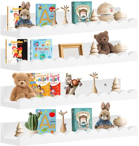 Rainmae Estantes de libros de 4 niveles, estante de libros de 42 cm para niños, estantes flotantes blancos para pared, estantes festoneados para dormitorio, sala de estar, habitación de niños