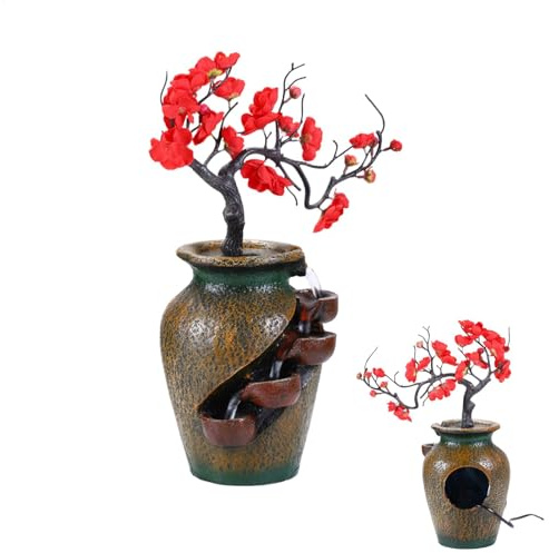 Waterfall Flower - 4-Tier Resin Tabletop Fountains with Water Flows & Artificial Tree - Flowing Desktop Ornament, Zen Relaxation Home Decor