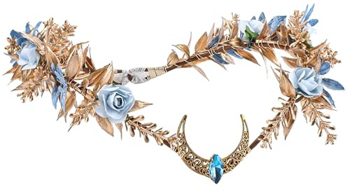 MOSTORY Feenkrone für Frauen, Glod Moon Fairy Kopfschmuck für Halloween Cosplay, Göttin Elf Tiara mit blauer Rose für Renaissance Fotoshootings