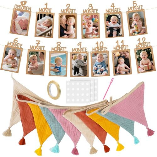 Molirex Guirlande de Fanions pour Chambre d‘Enfant, Photo Banderole Anniversaire 1 an, 2,6 m Fanions Guirlande en Tissu et Banderole Photo Bébé 0-12 Mois Décoration Anniversaire pour Garçon Fille