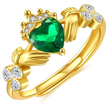 TANGPOET Claddagh - Anillos de oro para mujer, plata de ley 925, anillos irlandeses ajustables, trébol, trébol, corona de corazón verde, regalo para mamá