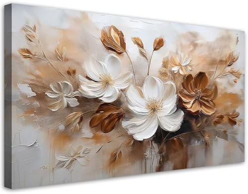 Feeby Leinwandbild - Bilder Wohnzimmer - Weißbraun bemalte Wildblumen - 80x40 1tlg - Deko Schlafzimmer - Wanddekoration - Aesthetic - Groß Moderne Bild - Foto auf Leinwand