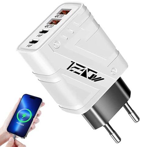 Chargeur USB C, Chargeur Rapide 120 W 2pd + 2 USB Type-C pour Pro Max 16, 15, 14, 13, 12, 11, 12 Pro Max, Chargeurs Rapide avec 4 Ports, Multiple Secteur Bloc, Blanc, Jaune, Noir