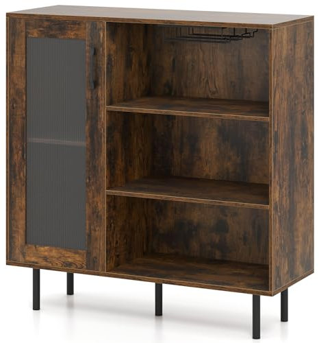 COSTWAY Aparador de Cocina, Aramrio para Vino con Puerta, Estante Ajustable y Soportes para Copas, Armario de Buffet para Cocina Comedor y Sala de Estar, 95 x 35 x 98 cm