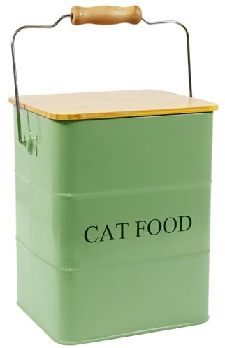 Caja de almacenamiento de comida para gatos de metal, 6L, con tapa de madera, mango y vaso medidor para comida seca y aperitivos, contenedor hermético para almacenamiento de comida para gatos y perros