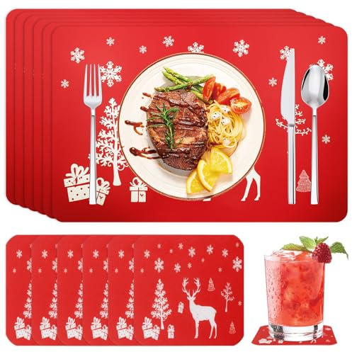 Vlecexs Tischset Weihnachten, Platzsets Weihnachts, 6 Platz-Matten und Telleruntersetzer, Tisch Platzset Abwaschbar PVC Platzdeckchen Weihnachten Deko Tischsets für Küche Speisetisch Hotel Party Deko