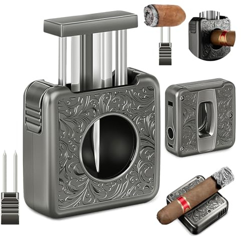 CLZOONG Tagliasigari a V 4 in 1 multifunzione con punzonatrice, ago doppio e supporto, accessori per sigari in acciaio inox, confezione regalo (nero)