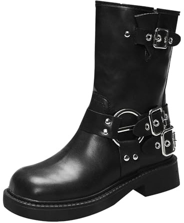 Botas de motociclista para mujer, con correas de hebilla, puntera cuadrada, impermeables, botas de equitación, vintage, góticas, punk, botas de tacón grueso metálico, zapatos cortos de piel sintética