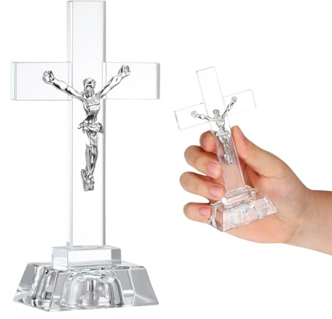 Kristall Kreuz Stehend, Kreuz aus Glas mit Led-licht Stilvolle Ostern Christliche Deko für Schreibtisch Spirituelles Segensornament Handgefertigt für Büro Zuhause und Kirche Einzigartige Geschenkidee