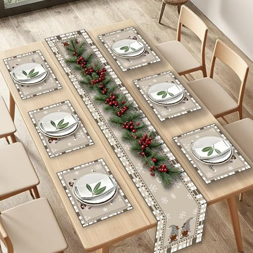 HAQIUHETO Weihnachtswichtel Tischdecke 40*240CM und 6 Tischsets 35*45CM Tischaufsätze, Weihnachtstischdecke Tischdeko Oxford-Stoffmaterial Abwaschbar Tischdecke