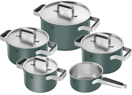 ZWILLING Pure 5-Piece Saucepan Set, 18/10 Stainless Steel, Ceramic Outer Coating, Stay-Cool Handles, Dishwasher Safe, Green