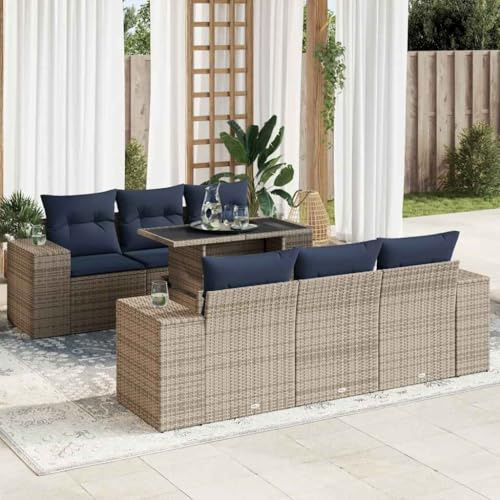 Tonture 7-TLG. Garten-Sofagarnitur Grau Poly Rattan Akazie, Modulares Outdoor Loungesofa mit Stauraum, UV-beständig, wetterfest für Terrasse Balkon, Marineblau Kissen