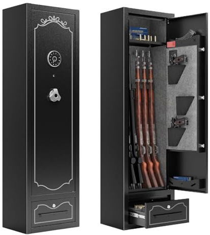 Anwick 8 - Gun Storage Cabinet, Gun Safes for Rifles/Shotguns and Pistols with Detachable Partitions, Fire Proof Gun Safe for Rifles & Pistols with Storage Locking Drawer, Led Light, Digital Lock
