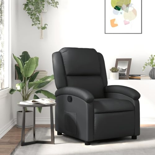 mtlskopl Relaxsessel Echtleder Schwarz 71 x 86,5 x 99,5 cm mit 135° Liegefunktion und Seitentasche, robuster Holz-Metall-Rahmen, bequemer Leder-Sessel für Wohnzimmer, Büro und Schlafzimmer