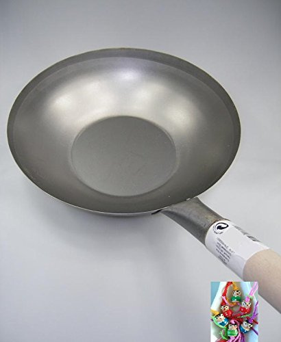 Wok/asiatiche padella di ferro/Cucina Wok Ø 35 cm fondo piatto + GRATIS una piccola fortuna pueppchen – Bambolina in legno,