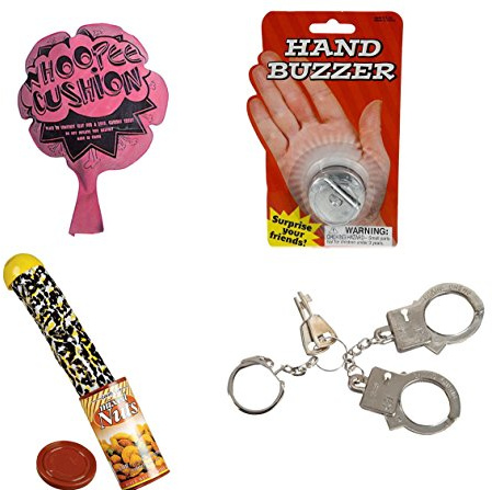 DISCOUNT PARTY AND NOVELTY 4 Tricks and GAGS, Snake in NUT CAN, Hand Buzzer, WHOOPEE Cushion, Thumb Cuffs Bundle