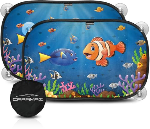 CARAMAZ Sonnenschutz Auto Baby mit zertifiziertem UV Schutz, universell passend 48 x 30 cm, 2 Stück Sonnenblende mit Saugnäpfen, Motiv: Orange-Neo