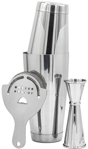 Boston Shaker 3-Piece Set: Cocktail Shaker, Japanese Style Jigger and Hawthorne Strainer