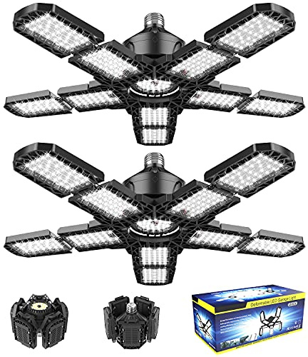 Nexillumi 2-Pack Led Garage Light 180W, 36000LM Garage Lights Ceiling LED with E26/E27 Medium Base, 6000K Deformable LED Shop Lights with 10+1 Adjustable Panels for Garage, Workshop, Attic, Basemen