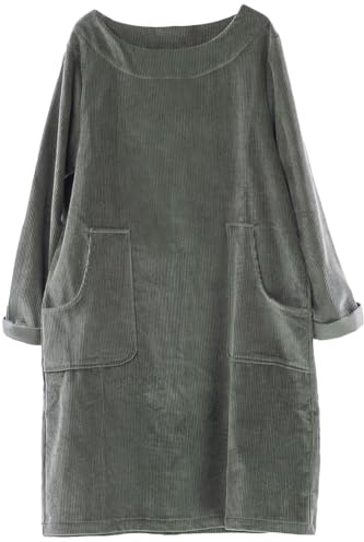 FTCayanz Robe Femme Coton Vintage Ample Long Tunique Simple Couleur Unie Velours côtelé Midi-Robe Vert Armée L