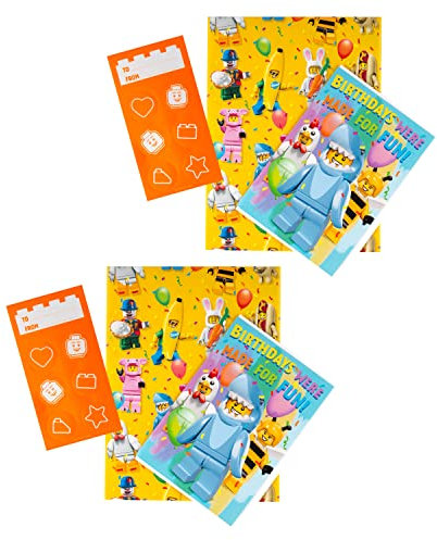 Hallmark LEGO Geburtstags-Geschenkpapier-Set – 2 Geschenkpapierbögen, 2 Aufkleber-Sets und 2 Karten in 1 Design