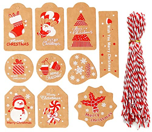 100 Pezzi Etichette Regalo Natale 10 Diversi Modelli - Carta Kraft Marrone Chiudipacco (Compresi 100 pz di Spago) per Decorazioni Pacchi