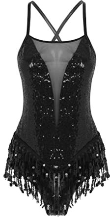 Aislor Damen Pailletten Latein Tanz Body Glitzer Ballettbody Ärmellos Ballett Trikot Mit Pailletten Fransen Latein Tanzkostüm Rückenfrei Leotard Schwarz L
