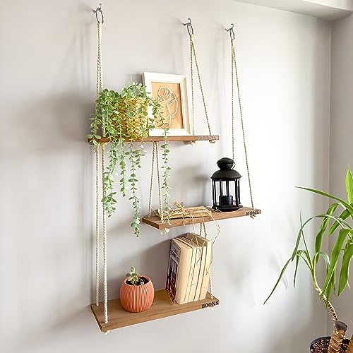 Boho Wall Shelves for Plants and Decor - Rope Hanging Shelves for Wall Decor in Living Room, Bedroom, Bathroom | Design Patented | by NWOOD
