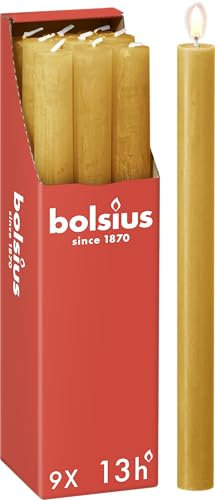 Bolsius - Velas cónicas para cenas - color amarillo - paquete de 9 - duración de combustión de 13 horas - vela para el hogar - sin perfume - cera natural vegana - 27 x 2,3 cm