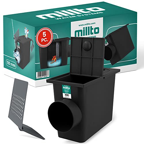 Millto 5X Regensinkkasten mit Sieb 110mm Regenwasserablauf Dachrinnenablauf Hofablauf Entwässerung Abflusstrichter Gully Siphon Gechteckiger Kontrollschacht Rückstauverschluß Geruchsklappe