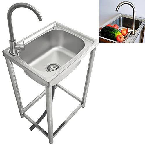 ROGHA Spülbecken 304 Edelstahl Einzelne Schale Becken Mobiles Küche Spültisch mit Wasserhahn, Waschbecken für den Außenbereich für Küche Werkstatt Bauernhaus,42×37×75cm