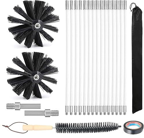 Kaminbürste Stange Set, Durchmesser 200mm Ofenrohrbürste, Schornsteinbürste Trockenrohr Kaminreinigungsstab Reinigungsbürste Kaminbürste enthält 15 Flexible Stangen 410mm, 2 Bürstenkopf Holzofen