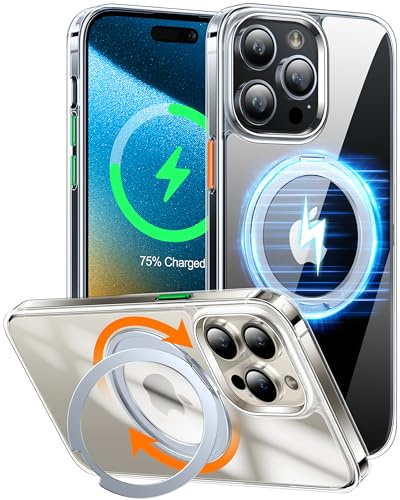 TORRAS Ostand R 360° Magnetischer Ring Ständer für iPhone 15 Pro Hülle für MagSafe [Zertifiziert Stoßfest] Schlankes Luxus Handyhülle Transparent