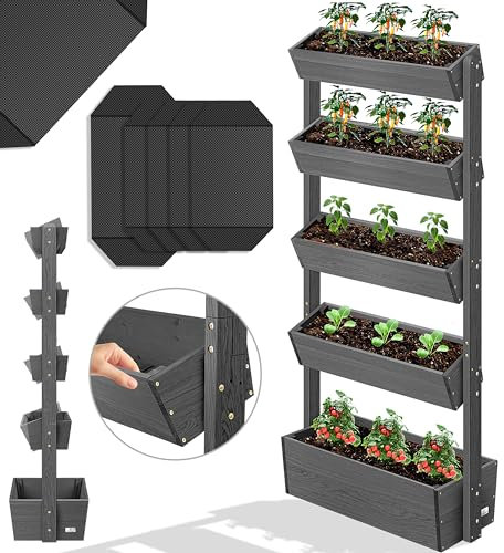 KESSER® Hochbeet mit 5 Etagen Premium Blumenkasten Blumentreppe Pflanztreppe Gemüsebeet Kräuterbeet Pflanzkübel Frühbeet Blumenbeet Pflanzkasten mit Gartenvlies - Beet inkl. Schaufelset, Anthrazit