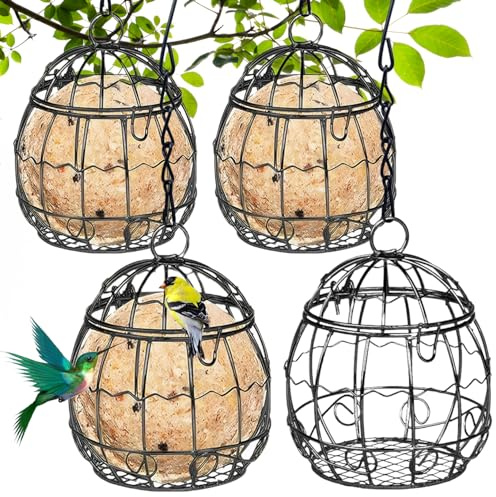 Fet bollmatare, 4 st 9,4 x 7 cm metallfet bollfågelmatare med hängande kedja, hängande fågelmatare järnkonst för vilda djur fåglar fink, sparv, robin, trädgårdsdeokrationer (svart)