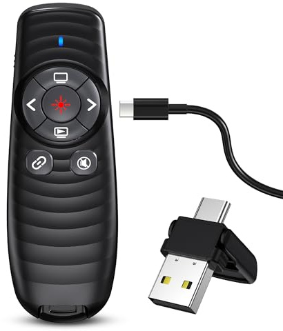 Presenter USB C ricaricabile, puntatore wireless 2.4 GHz per presentazioni tramite ricevitore di tipo C e USB, presentatore PowerPoint a luce rossa per Windows 7/8/10/Mac iOS 3/Linux/Android