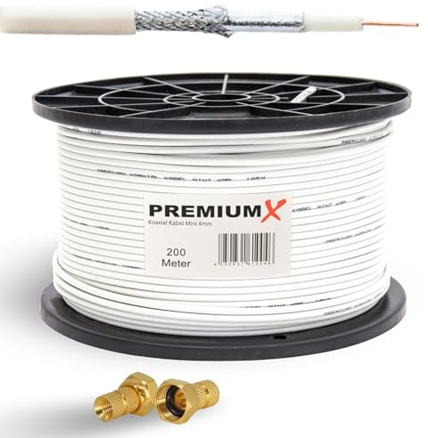 Premium X 50m Mini-Koaxialkabel 4mm (Weiß) Set inkl. 40 Stecker - Extra dünn & flexibel - 2-fach geschirmt für Sat, DVB-T2, Kabel-TV - Ultra HD 4K