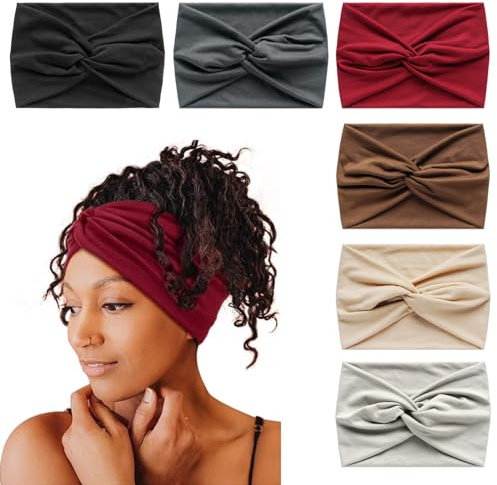 6Stück Stirnbänder für Frauen Breite verknotete Turban Bandana Boho Kopftücher Wraps Yoga Haarbänder Stoff elastische Stirnband Sport Laufen Kopftücher