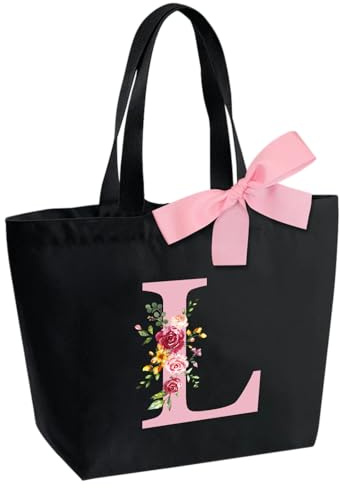 Borsa Tote Bag con Iniziale, Borsa Shopper con Papillon, Borsa Donna Personalizzata con Nome, Regali per Donna, Amica, Sposa Damigella D'onore, Mamma, Compleanno, Nozze, Natale, San Valentino(L)