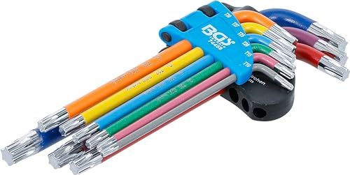 BGS 74458 | Winkelschlüssel-Satz | T-Profil (für Torx) T10 - T50 | 9-tlg. | Multicolour | Chrom-Vanadium-Stahl (S2) | kurze Ausführung | farbcodiert | Kunststoff-Klapphalter