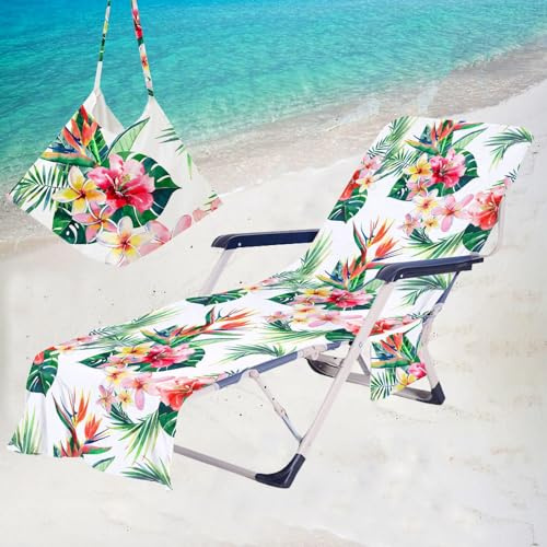 Treer Beach Chair Cover Towel, Microfiber Beach Towel 3D Fruit Beach Sunbed Towels, Portable Sun Lounger Towels with Pockets, Towel for Beach Garden Vacation (210x75cm,Flower)