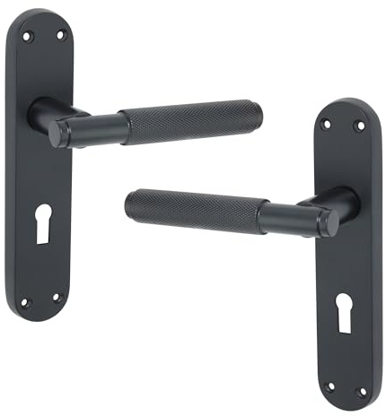 Infinity Decor Pair of Matt Black Knurled Lever on Keyhole Backplate Lock Door Handles Set - Ideal for Interior & Exterior Doors
