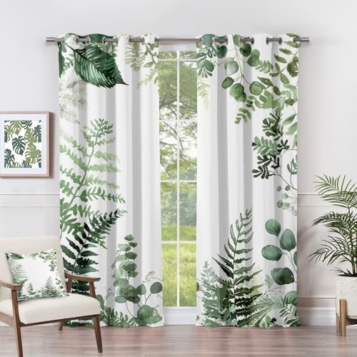 Generic Leaf Curtains 90 Drop - Green Fern Leaves Botanical Blackout Curtains 46 x 54 Inch (Width x Drop) 2 Panels, Nature Watercolour Eyelet Drapes