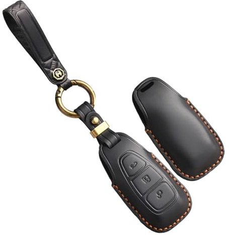TECART Smart Autoschlüssel Hülle Schlüsselhülle Passt für Ford Fiesta Focus Kuga C-Max Galaxy B-Max S-Max Mondeo Mk2 MK3 Edge Leder Schlüsselanhänger Abdeckung Schlüsseltasche 3 Tasten Schwarz