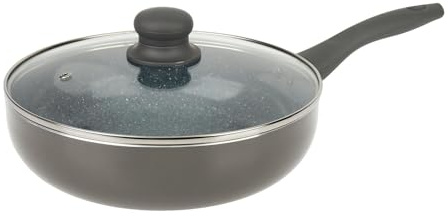 Crealys 529579 Sauteuse Aluminium Gris AUTAN Ø 24 cm H 6,5 cm - Revêtement Antiadhésif Sain en Céramique effet pierre - Couvercle Verre - Manche thermorésistant silicone - Tous feux dont induction