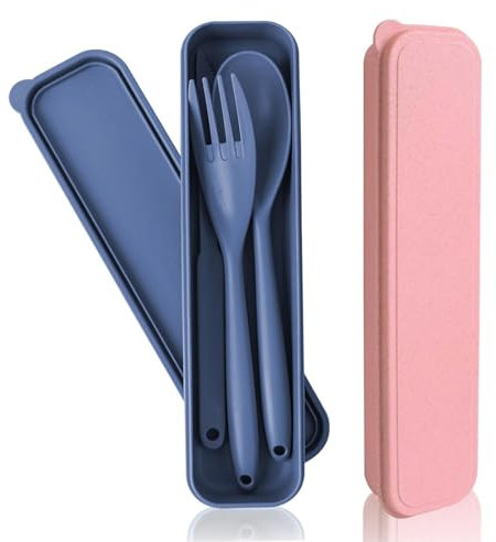 Set Cubiertos con Estuche, 2 Piezas de Juego de Cubiertos Camping, Cubiertos Plastico Reutilizables Cuchillo Tenedor Cuchara Juego de para Viajes, Exteriores, Trabajar (Azul, Rosa)