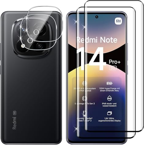Lutree para Xiaomi Redmi Note 14 Pro Plus 5G/ Note 14 Pro+ 5G Cristal Templado, 2+2 Piezas 3D Protector de Pantalla + Protector de Lente de Cámara, Dureza 9H HD Vidrio Templado Película Protectora