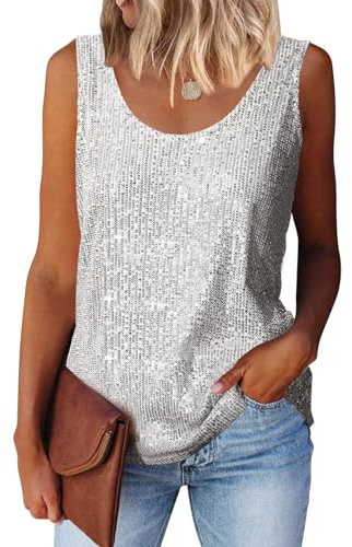 Suncife Damen Pailletten Oberteil Tank Glitzer Top Frauen Party Glitzertop, Silberweiß, S