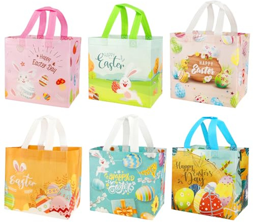 6 Stück Geschenktüten Ostern, Ostertüten zum Befüllen mit Griffen, 21×20×15cm, Wiederverwendbare Non-Woven Ostertaschen für Ostereiersuche Geschenken und Partyzubehör